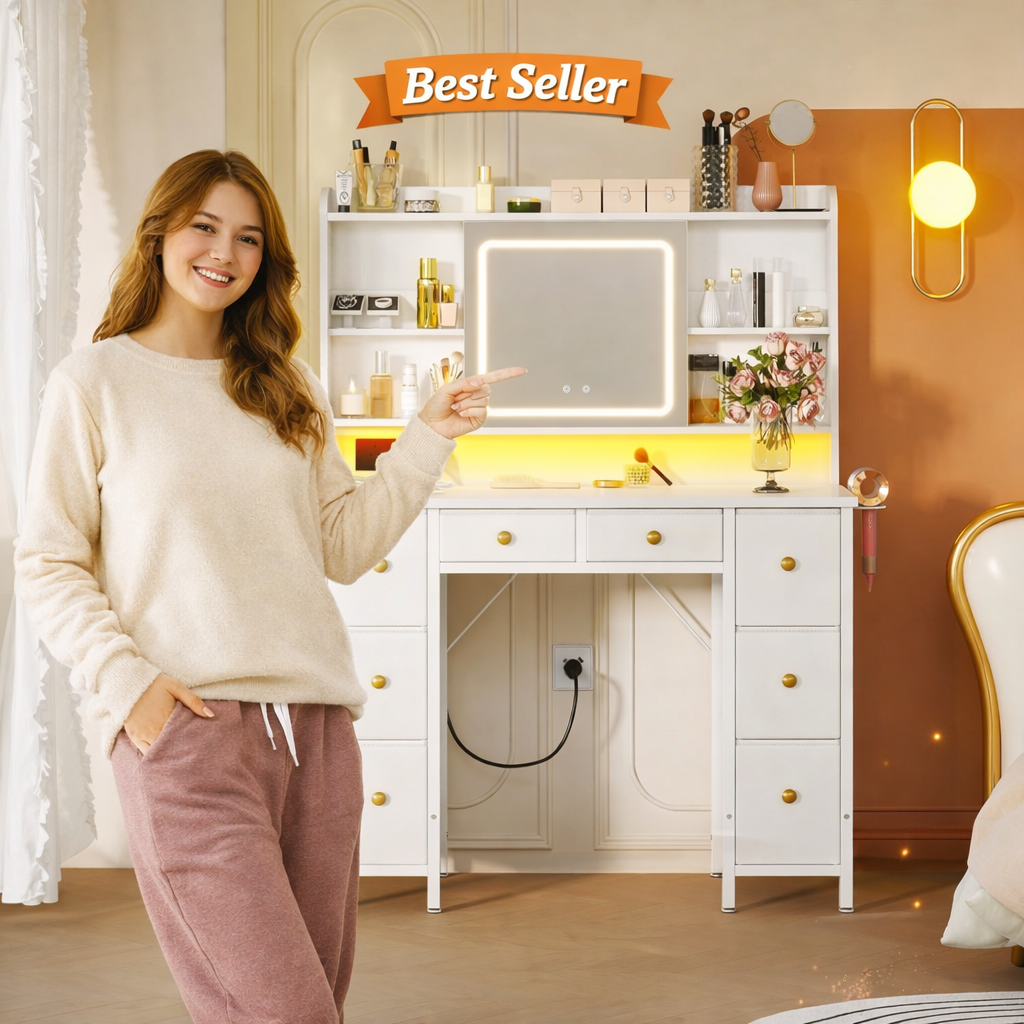 ODK Vanity Desk with Movable LED Mirror and 8 Drawers, Dressing Table with Built-in USB Power Outlets & RGB Light Strip, Vanity Table with 4-Layer Adjustable Shelves, White Makeup Desk 110×40×137cm