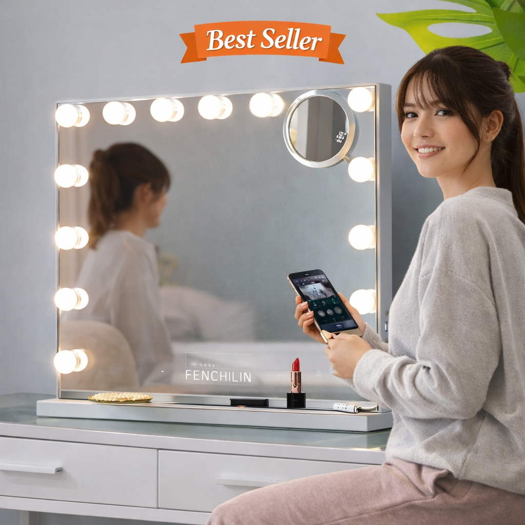 FENCHILIN Vanity Mirror with Lights Bluetooh Speaker Hollywood Mirror with Lights 15 LED USB Charging Port 3 Color Modes Dimmable Touch Control 10x Magnifying