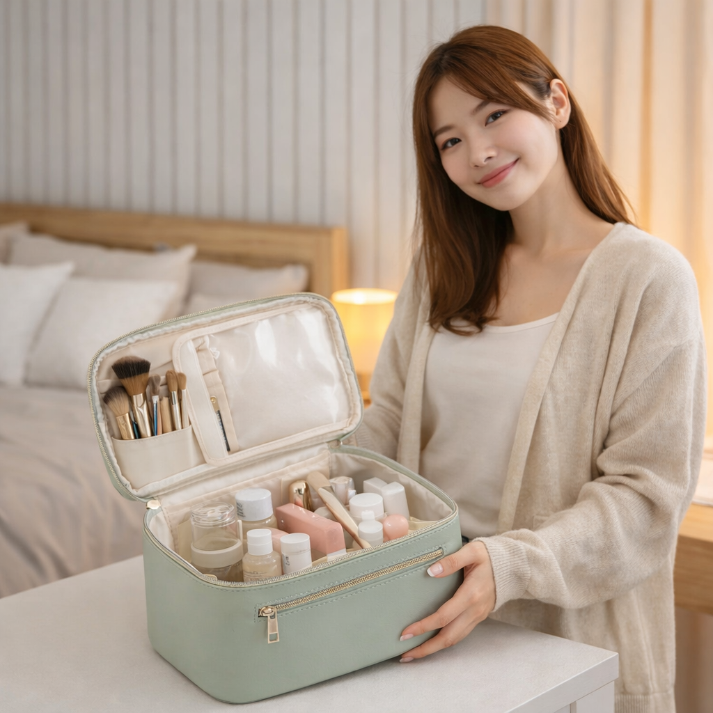 Travel Makeup Bag with Brush Compartment & Large Storage