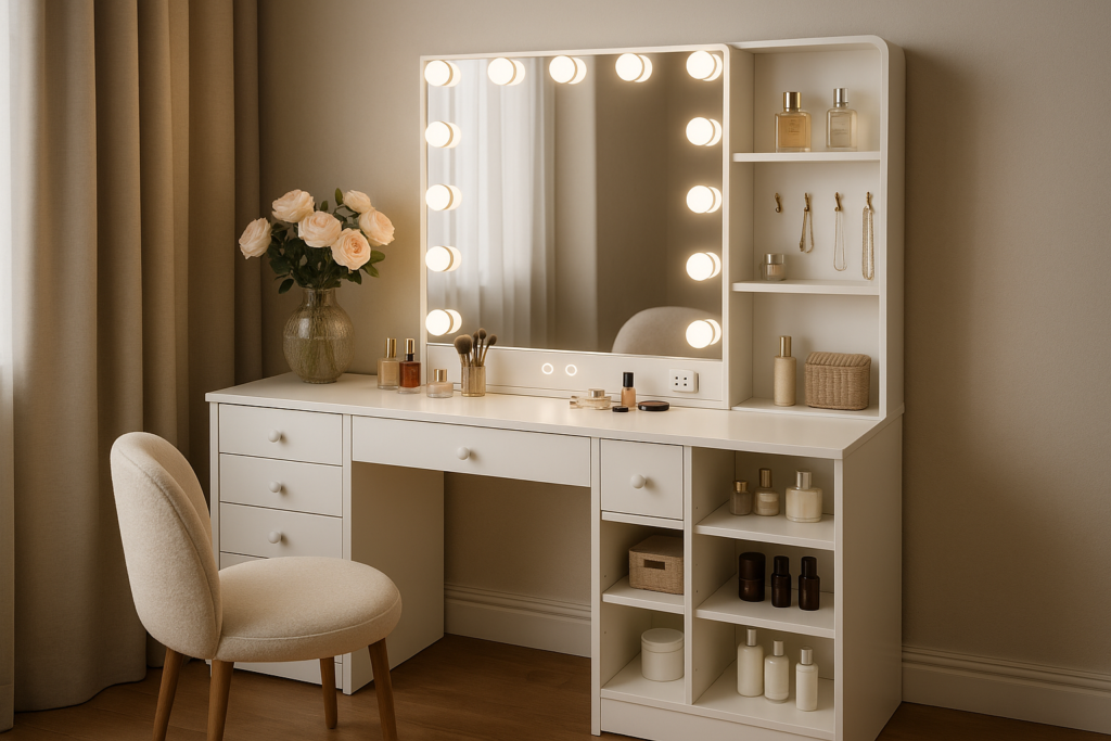 White Vanity Desk with Mirror and Lights for a Serene Routine