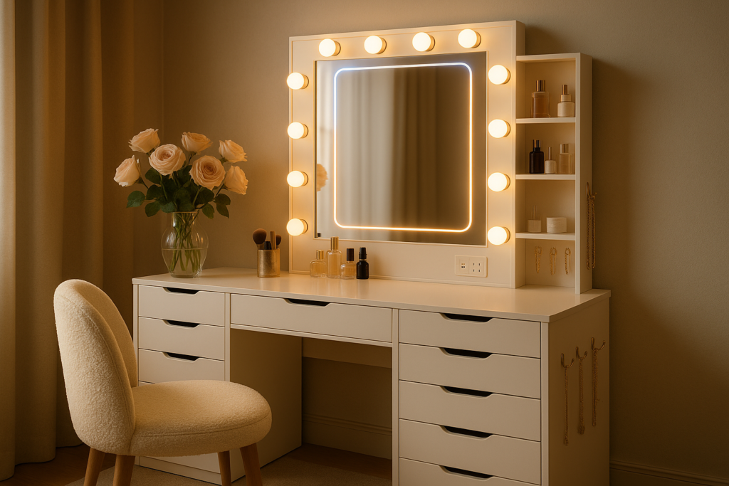 Large Vanity Desk with Mirror and Lights: A Modern Bedroom Icon